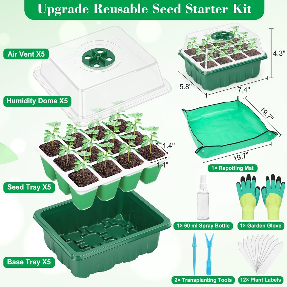 Reusable Silicone Starter Tray, 60 Cells Starter Kit with Humidity Adjustable...