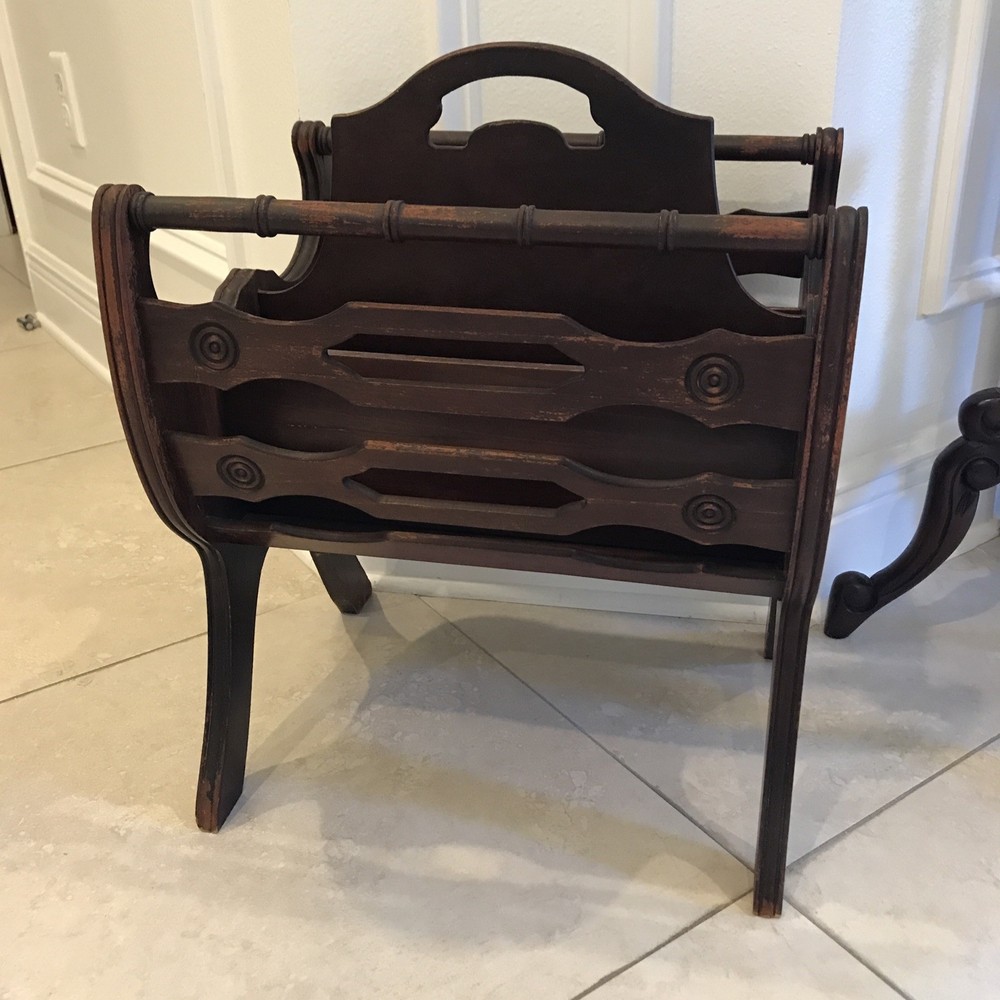 Antique / Vintage Cherry Wood Magazine Rack Solid Wood . ￼