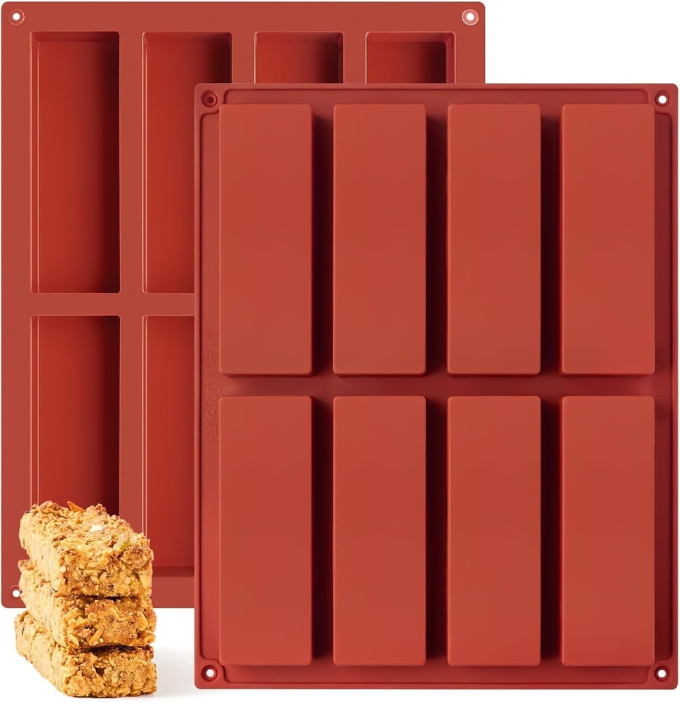 2 Pack Silicone Granola Bar Molds, 8 Cavity Rectangle Protein Mold Red