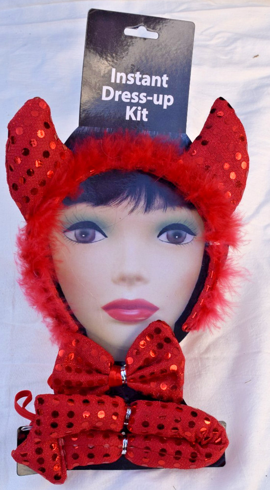 Red Sequin Devil Kit Devil Horns Tail Bow-Tie Halloween Costume Accessory Kit