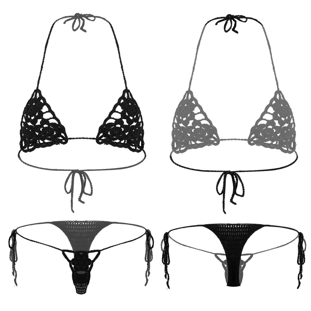 Women's See Through Crochet Bikini Sets Triangle Bikini Swimsuit Micro Thong Set