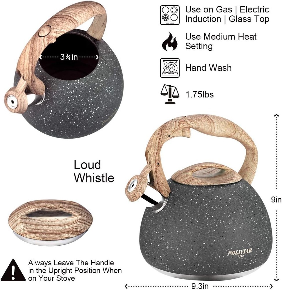 Tea Kettle 2.7 Quart Natural Stone Finish W/ Wood Pattern Handle Loud Whistle