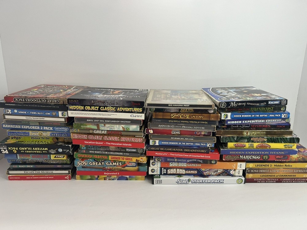 Massive Windows PC CD-ROM DVD Game Lot! 58 Different Games! Gems, Mahjong, Hide
