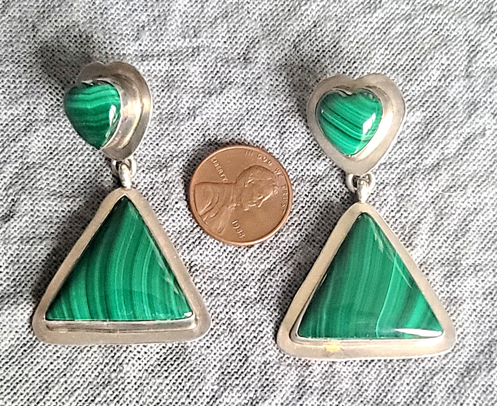 Signed Albert Platera Dangle Malachite Heart & Triangle Sterling Silver Earrings