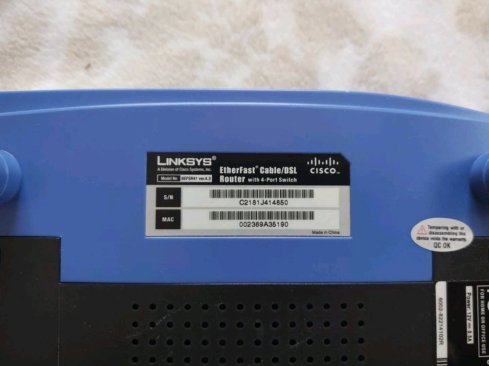 Cisco Linksys EtherFast Cable/DSL Router Switch BEFSR41 4 Port- NO Power Cord