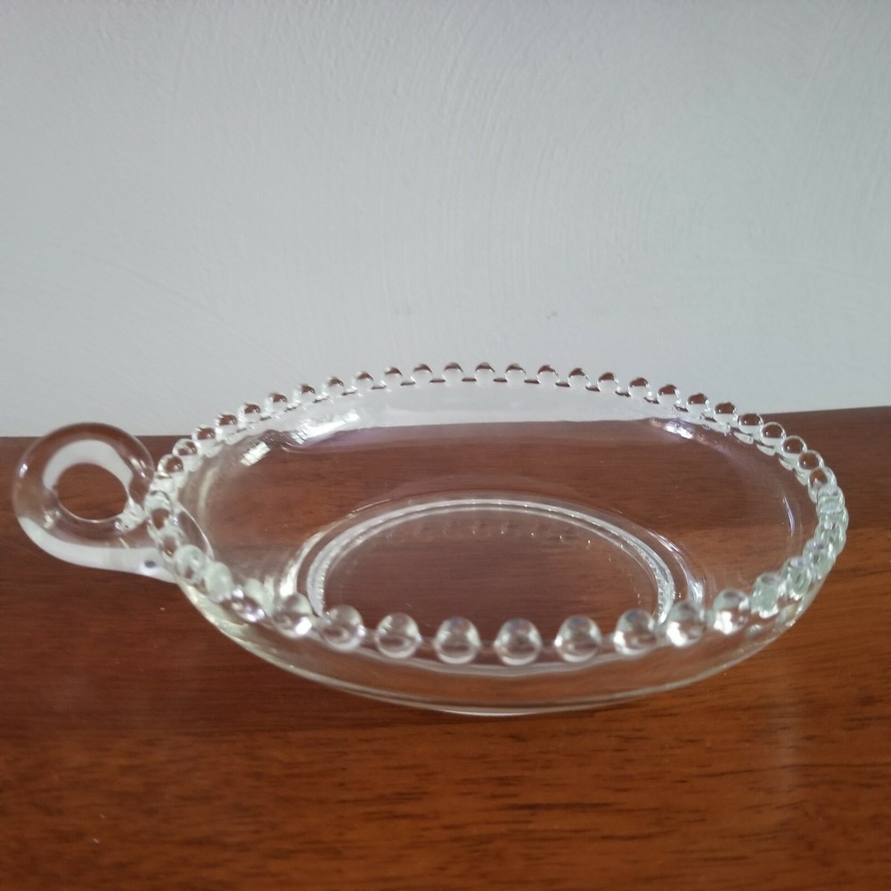 Clear Glass Candlewick Style Beaded Edge Nappy Dish With Handle 