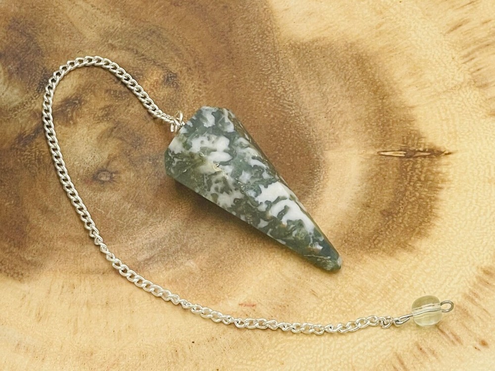 Moss Agate Crystal Pendulum With Silver Plated Chain, Moss Agate Point Pendulum