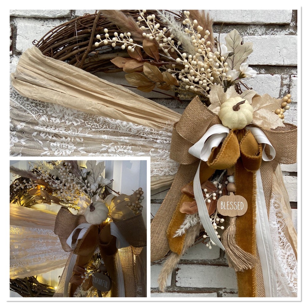 Fall Wreath Front Door - Neutral Thankful - Light Up