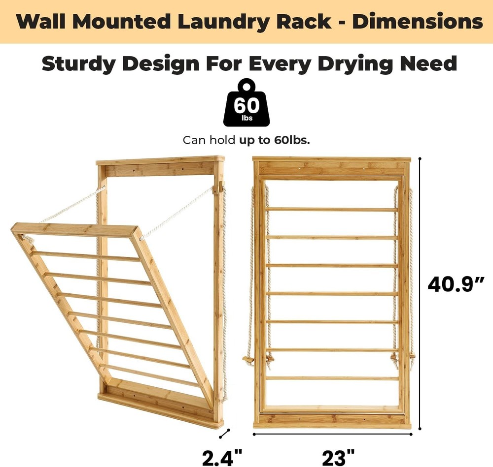 Wall Mounted Bamboo Clothes Drying Rack 23"x40" Foldable Laundry Organizer