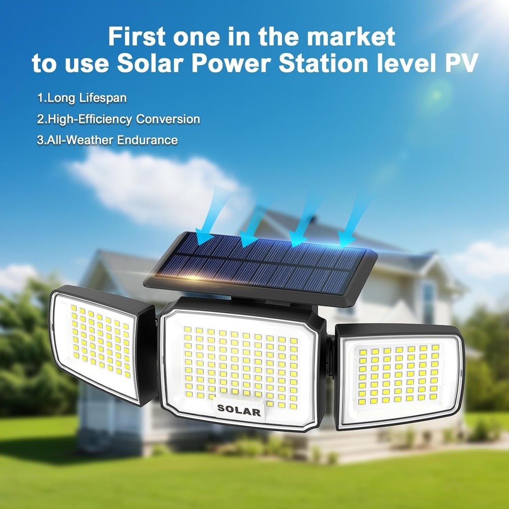 Solar Motion Security Light 3-Head LED w/Remote Radar Sensor IP65 Waterproof 2Pk