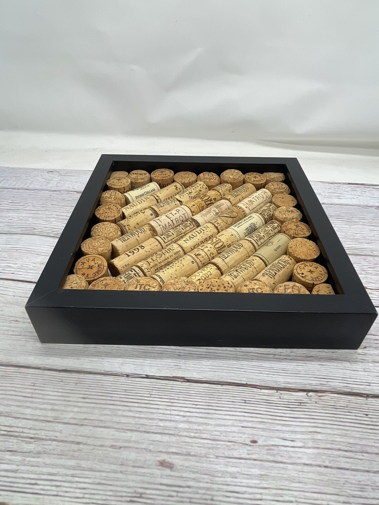57 Assorted Wine Bottle Corks In Wood Frame 10"Tall x 10”W