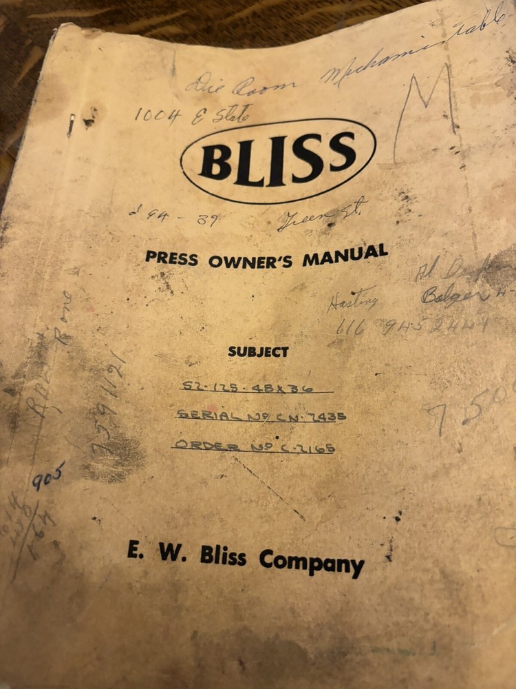 Bliss S-2 Press Owner's Manual and Parts Identification