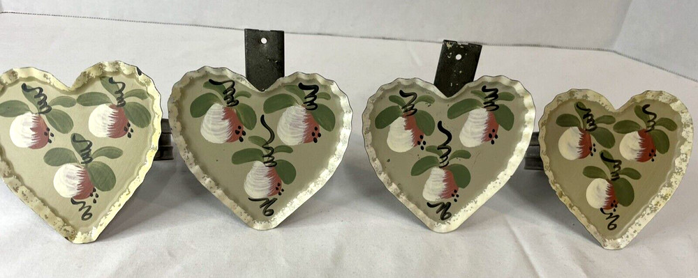 Hand Painted Artist Crafted Tin Heart Curtain Pull Backs Two Sets Cottage Core