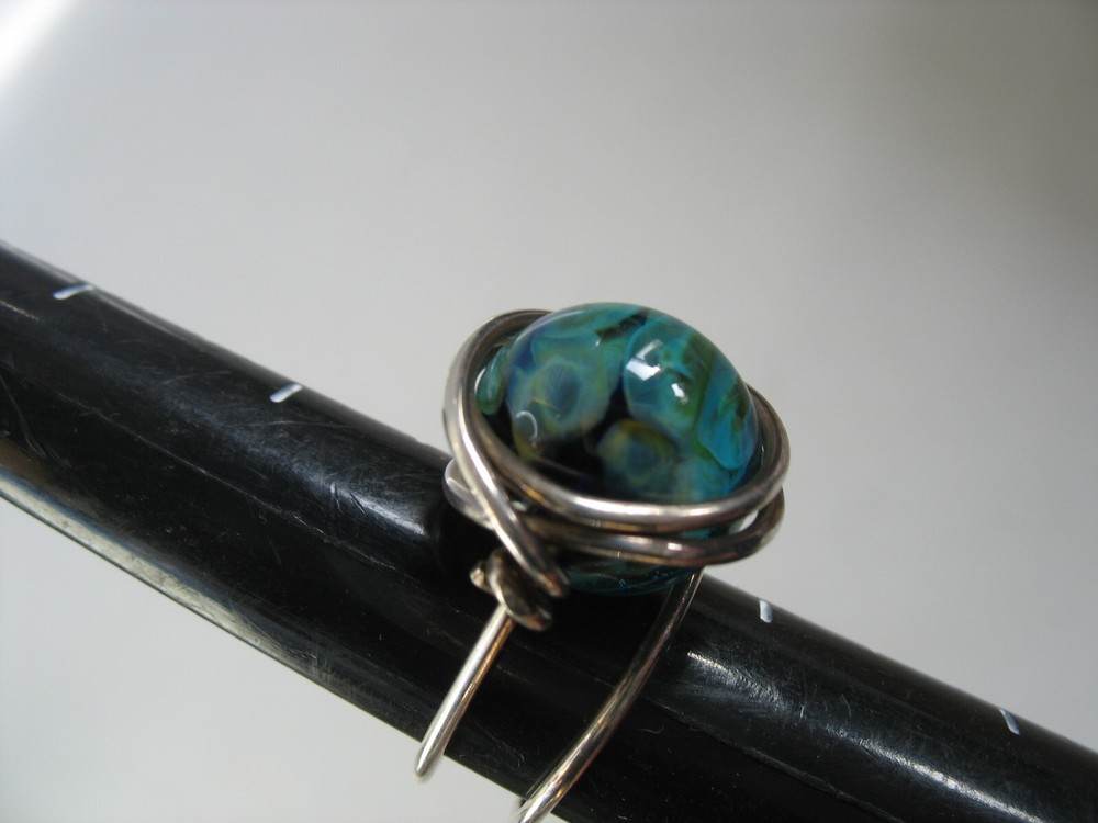 Handmade Silver wire wrap ring Green blue aqua round bead 6 1/2