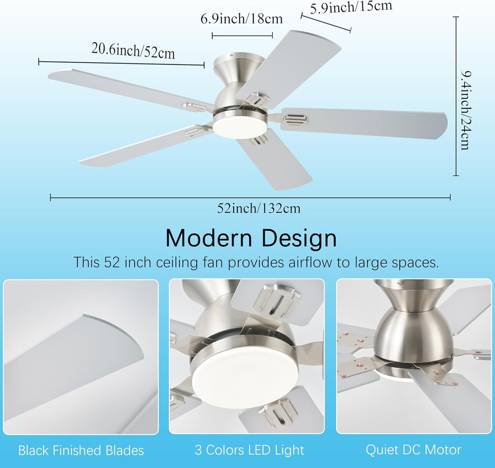 Ceiling Fan with Light,52 Inch Low Profile Ceiling Fans with Remote Control and