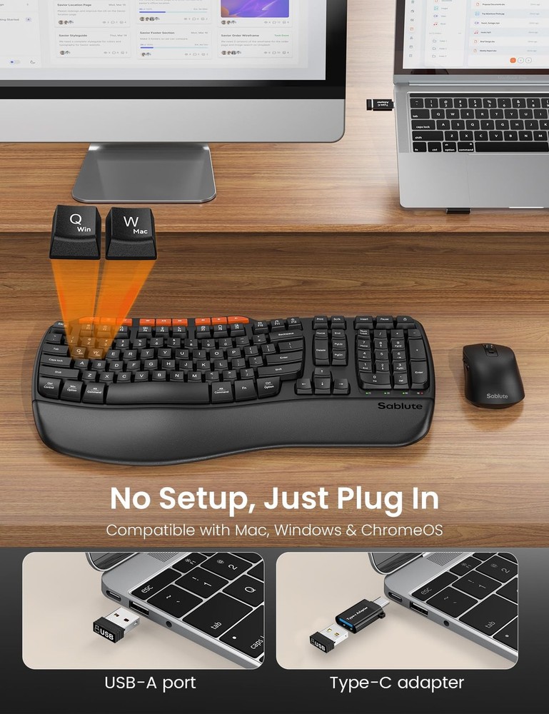 Ergonomic Wireless Keyboard Mouse Combo 2.4G Full Size Wave Palm Rest USB
