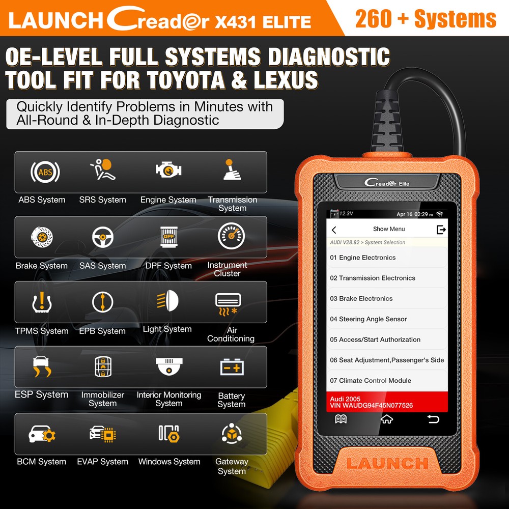 LAUNCH X431 Creader Elite For Toyota Car Diagnostic Tool OBD2 Scanner ABS SAS