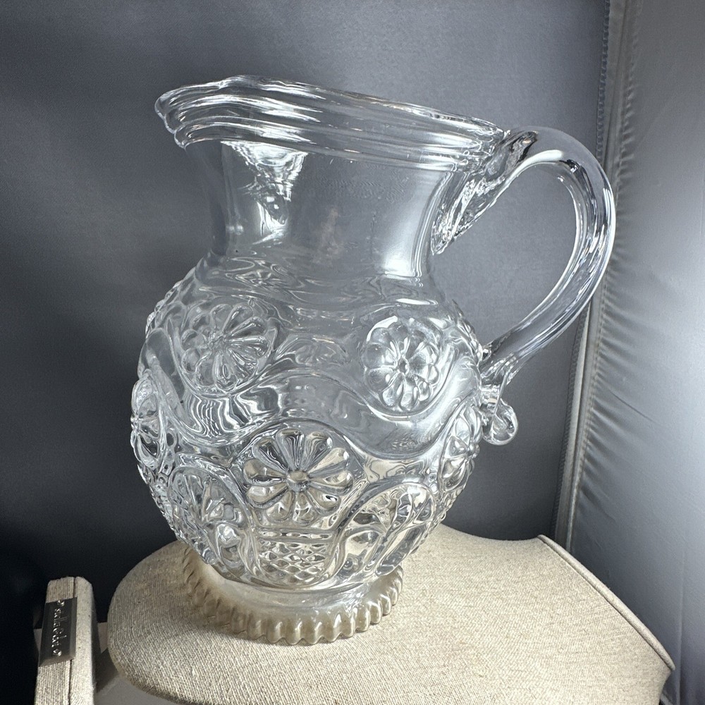Glass Water Pitcher MMA Clear embossed flowers 7" tall HANDLE