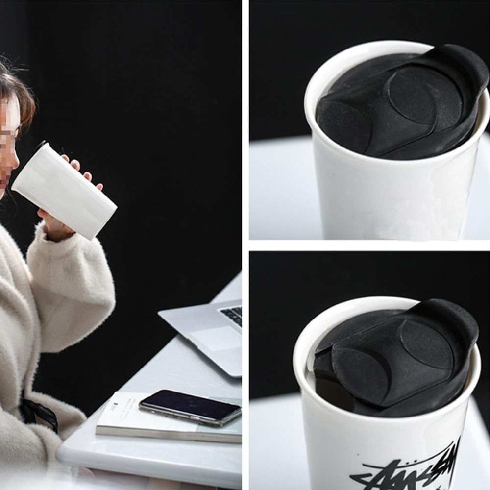 Khanjuan Double-layer Ceramic Cup with Lid, 12oz 12.2 Ounces, White