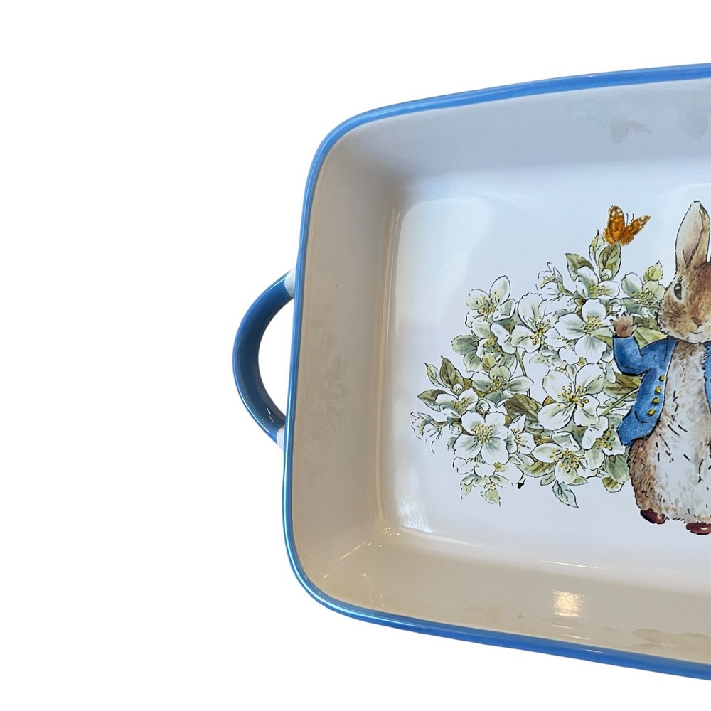 Beatrix Potter Peter Rabbit Rectangular Ceramic Baker Blue Rim Easter NEW