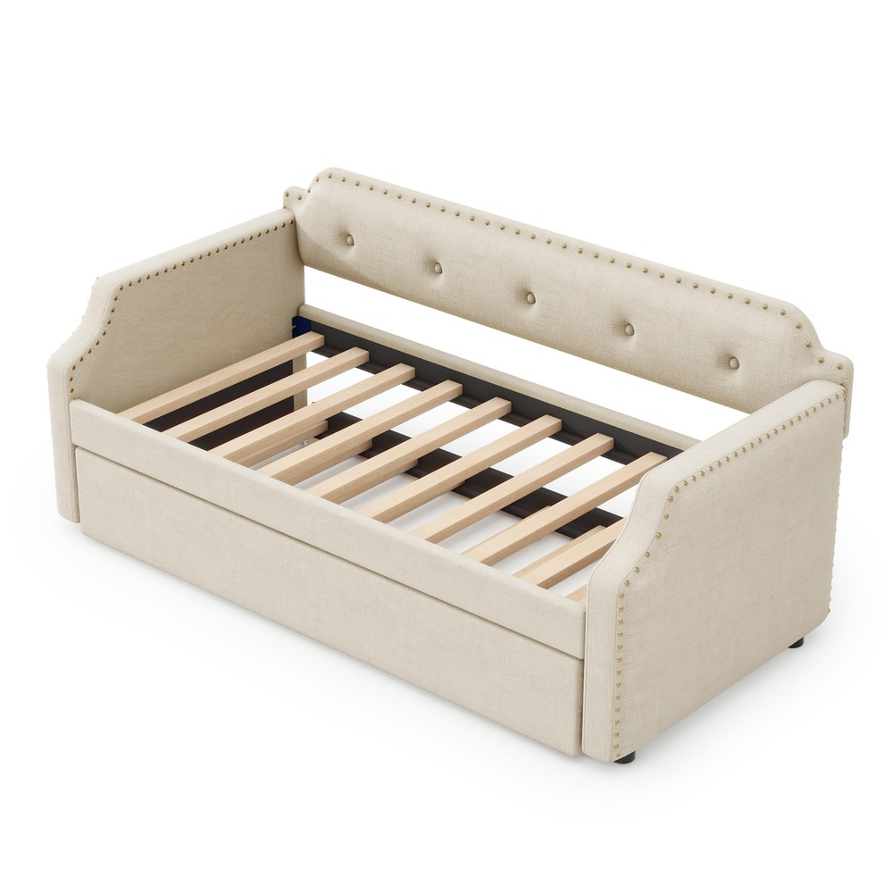 Reinforced Frame Twin Size Upholstered Daybed with Functional Trundle
