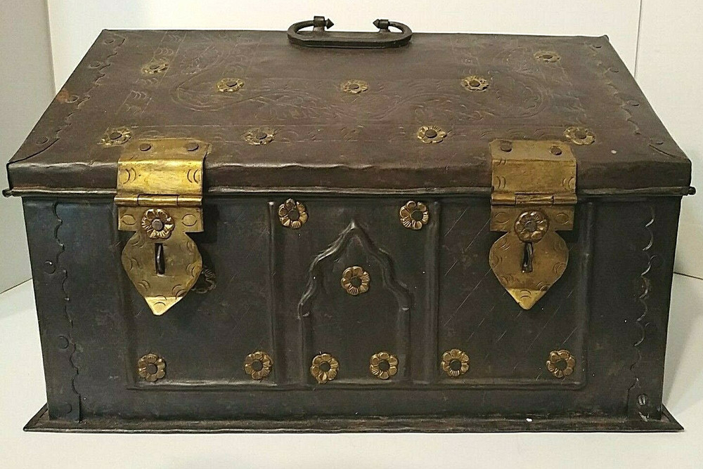 Vintage Metal Document Chest Box w/ Applied Brass Rosettes & Primitive Etching