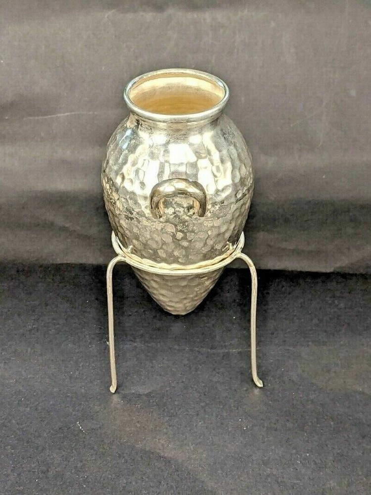 Silver miniature classical urn on a tripod stand hammered silver finish 830 mark