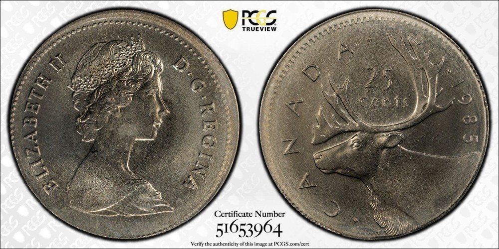 1985 Canada 25 Cent MINT ERROR, Struck on 3.41g Foreign Planchet - PCGS MS 65