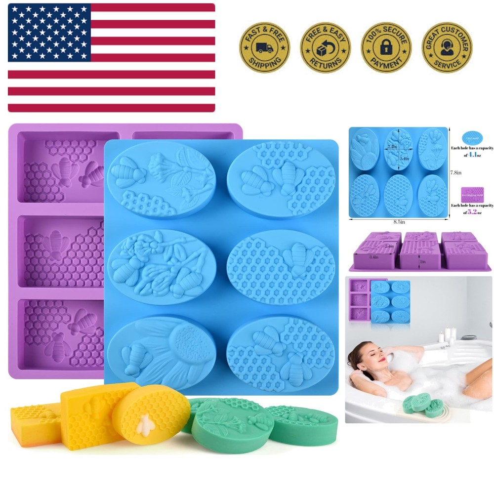 2 Pack 6 Cavity Bee Silicone Soap Molds Rectangle Oval Honeycomb Silicone Mol...