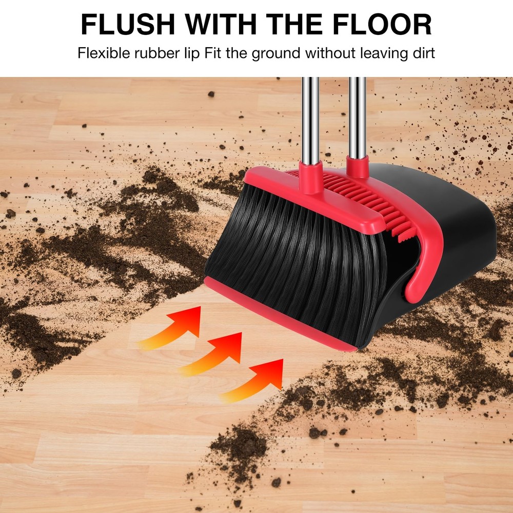 NACENA Broom and Dustpan Set, 52-in Long Adjustable Handle 1 Pack, Black-red