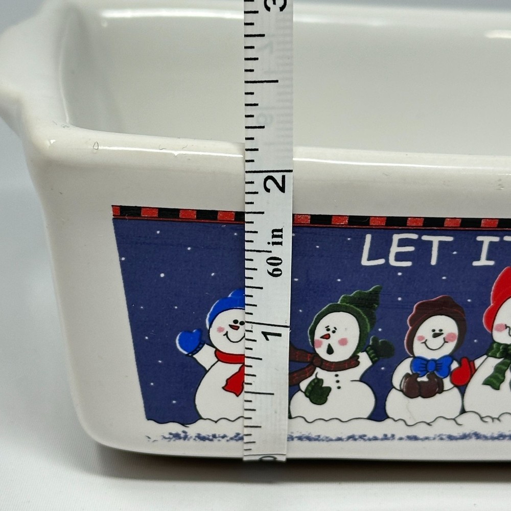 Let It Snow Ceramic Bread Loaf Pan Snowman Design White