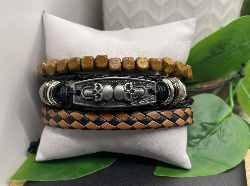 3 PC Leather Bracelet  Stackable Adjustable Tie Free Ship Skull Charm B5198
