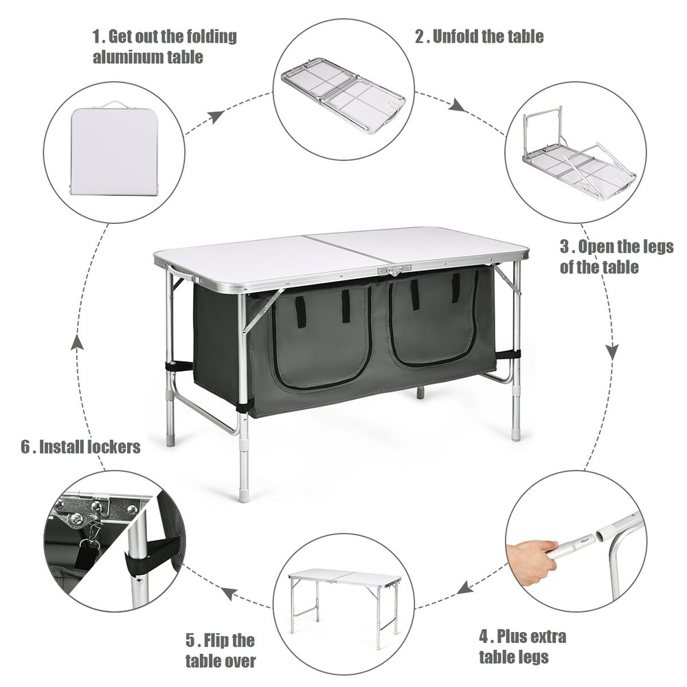 Folding Camping Table Aluminum Height Adjustable w/ Storage Organizer Grey
