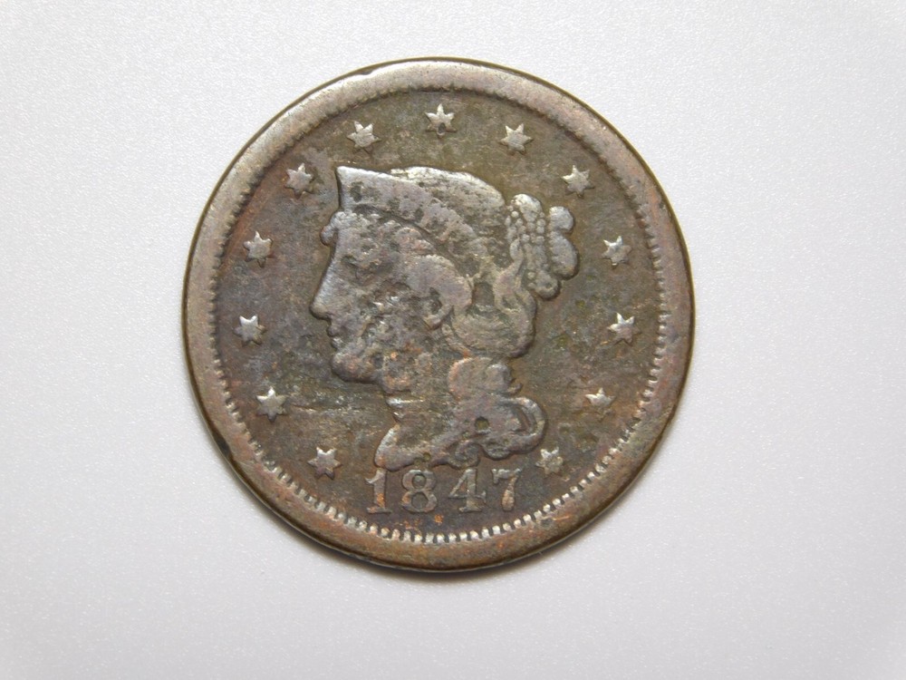 US COINS 1847 BRAIDED HAIR  LARGE CENT *BENT*