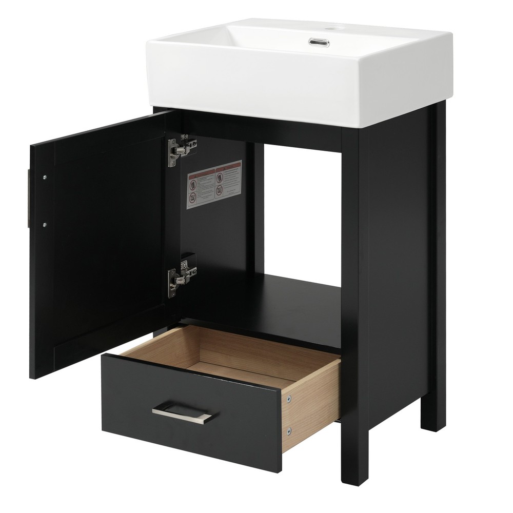 Black Modern Bathroom Vanity with Ceramic Sink, Solid Wood Frame，Storage Drawer