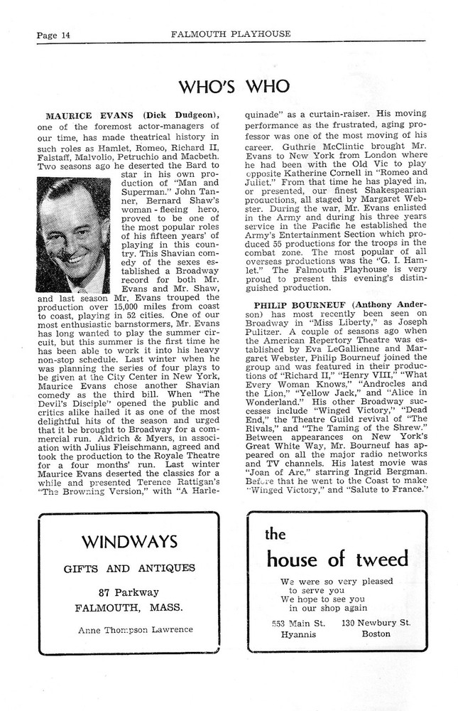 Maurice Evans "DEVIL'S DISCIPLE" Bernard Shaw 1950 Falmouth Playhouse Program