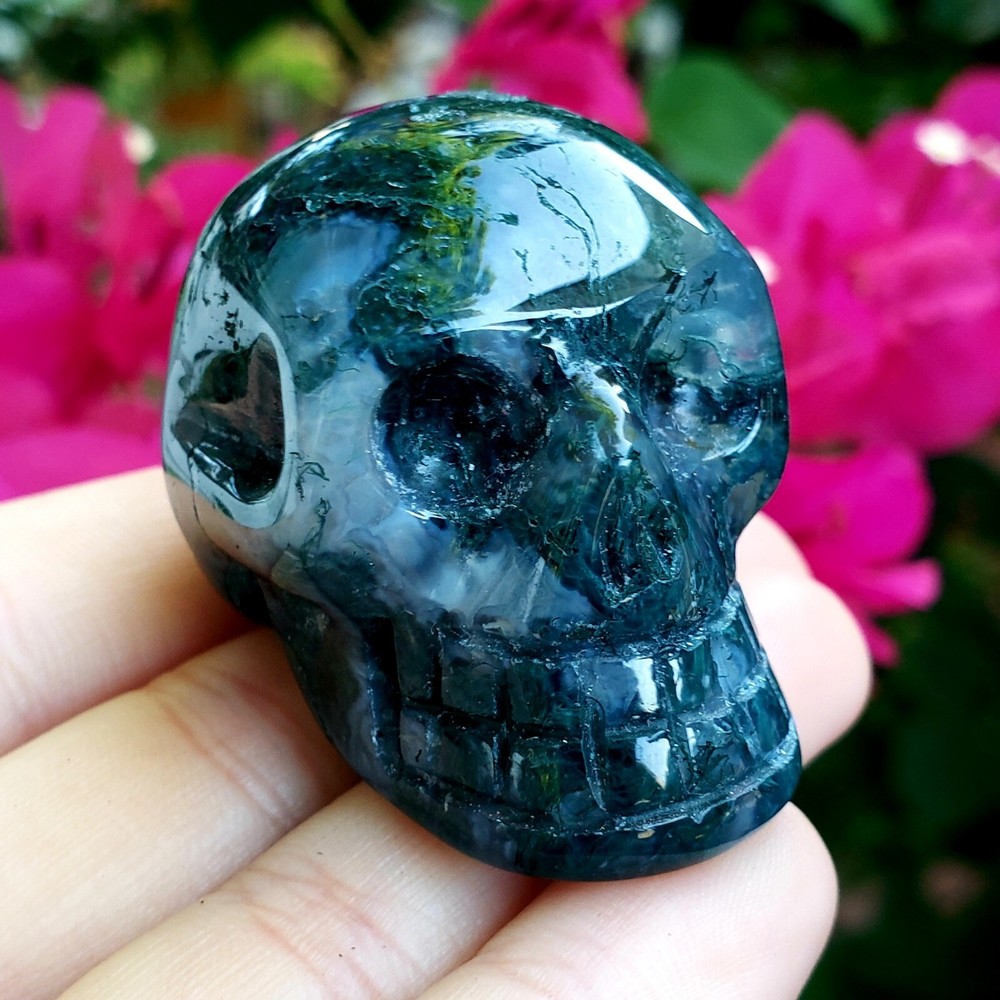 Green Moss Agate Polished natural crystal healing gemstone skull - pc#2