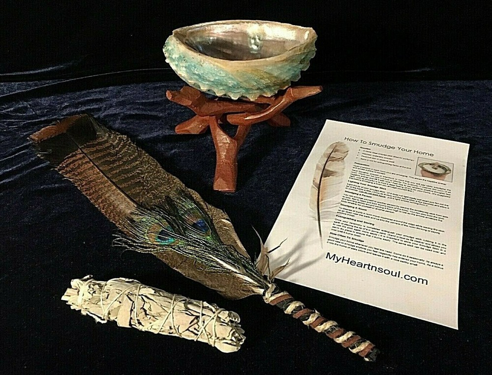COMPLETE SMUDGE KIT ABALONE SHELL STAND SAGE FEATHER ENERGY CLEANSING CLEARING