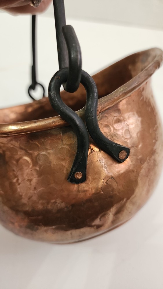 Hammered Copper Pot Hanging Cauldron Rustic Primitive Decor Black Iron Handle