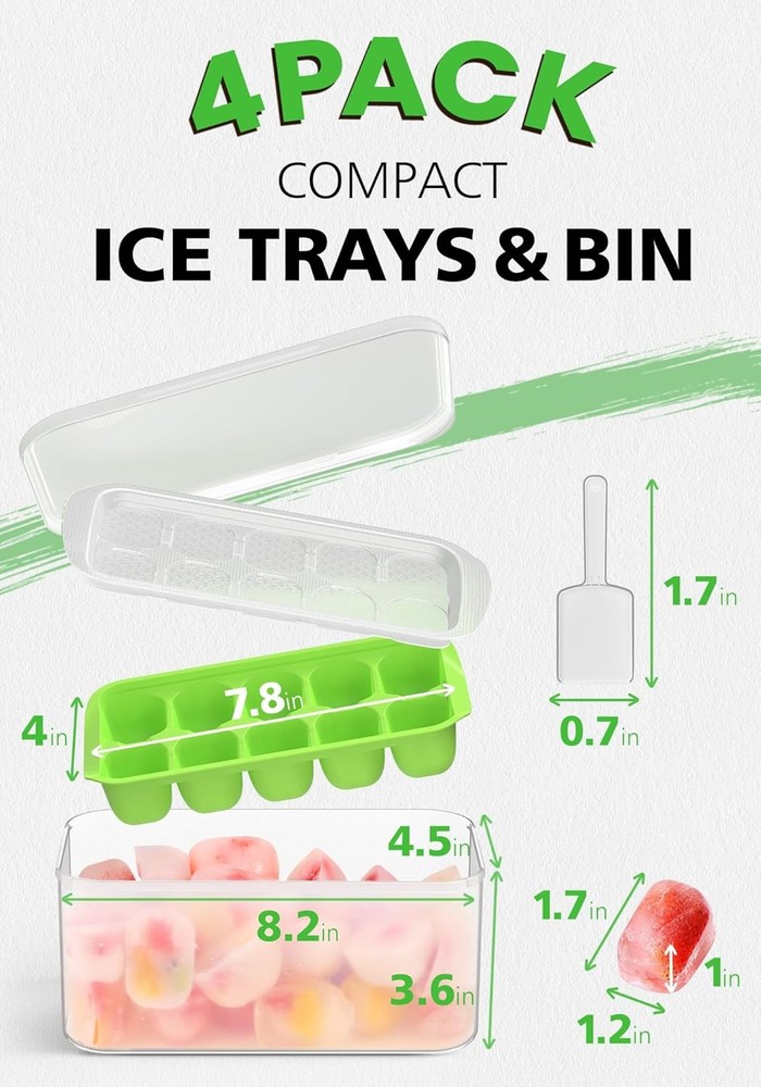 DOQAUS Ice Cube Tray with Lid and Bin - 4 Pack Ice Bucket Kits, Stackable Silico
