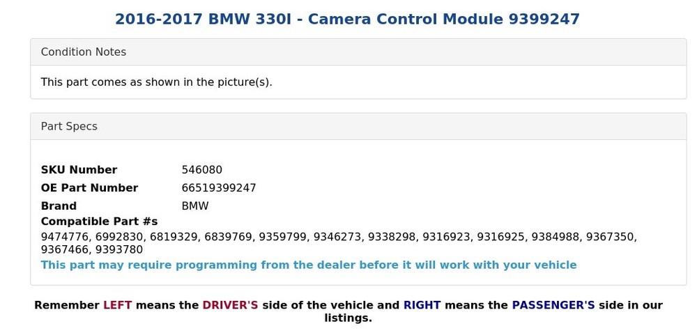 2016-2017 BMW 330I - Camera Control Module 9399247