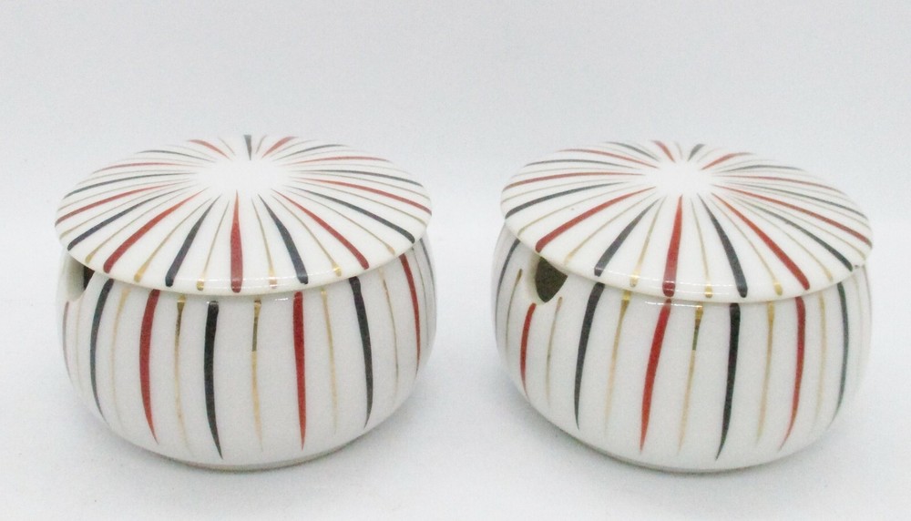 Two Mid-Century Modern Multicolor Colorburst Porcelain Lidded Mustard Pots