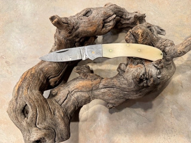 Big Damascus folding blade knife w/ white bone handle