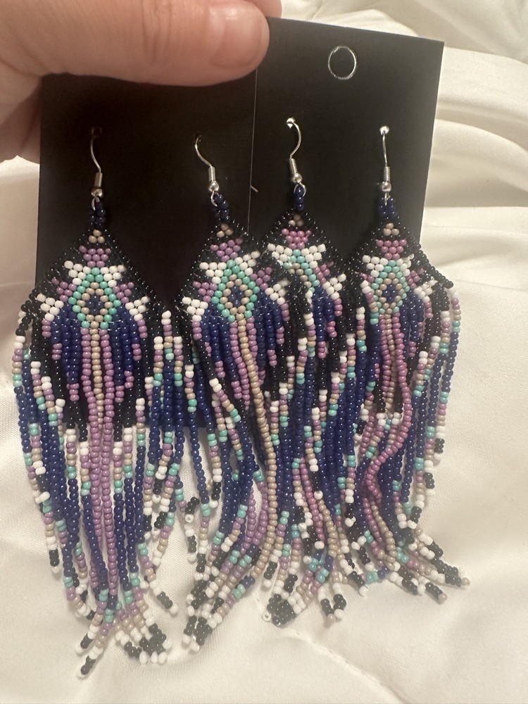 Long Beaded Dangle Earrings – Boho Native Handmade Seed Bead Tassel Bohemian