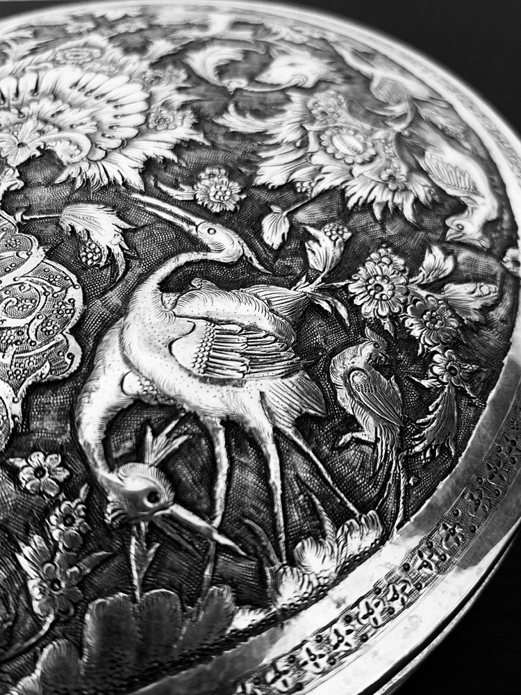 Antique hand engraved persian islamic arabic solid silver round box 520g