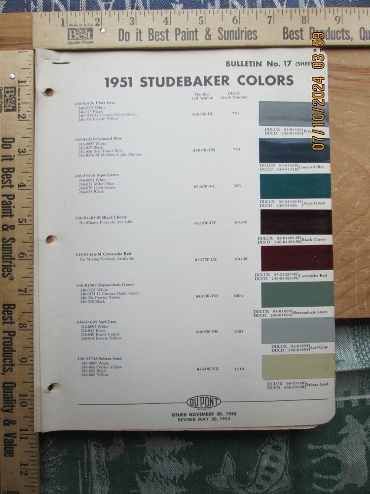 1951 STUDEBAKER Color Chip Paint Brochure Chart by Du Pont