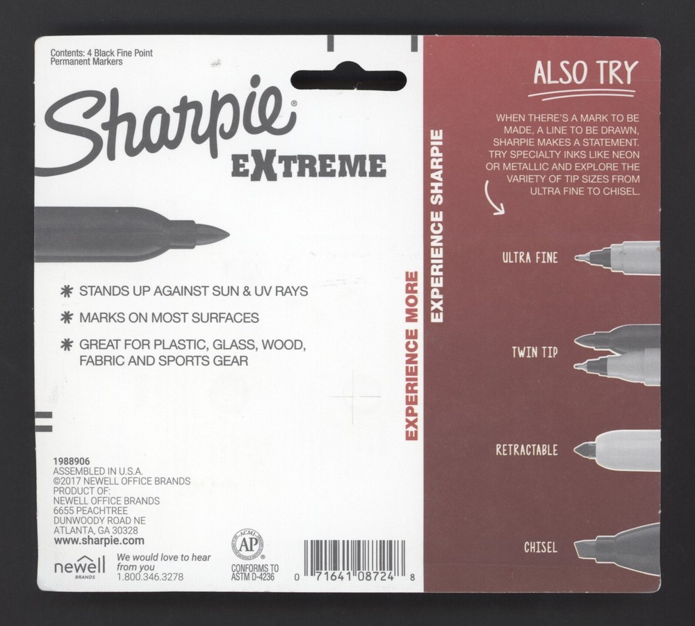 Sharpie Extreme Permanent Markers, Fine Point, Black, 4-Pack