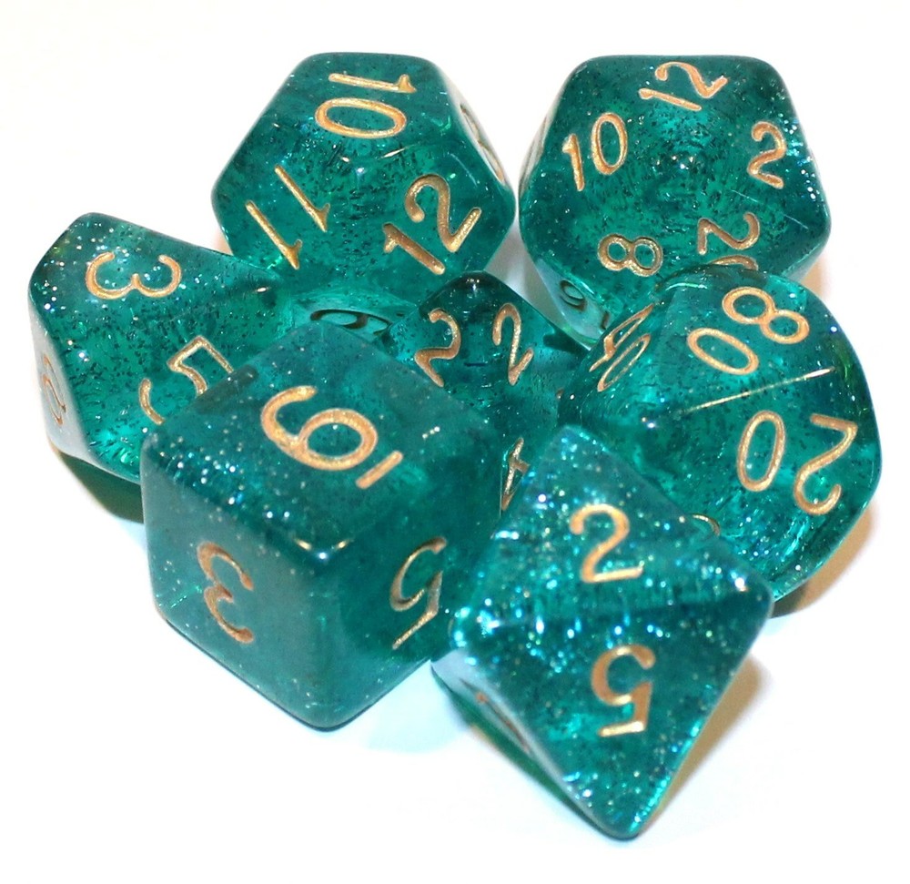 7 Piece Turquoise Blue Glitter Polyhedral Dice Set – Turquoise Bag