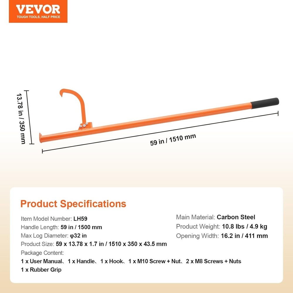 Adjustable 59'' Cant Hook Logging Tool - Durable Steel Design for Lifting Logs