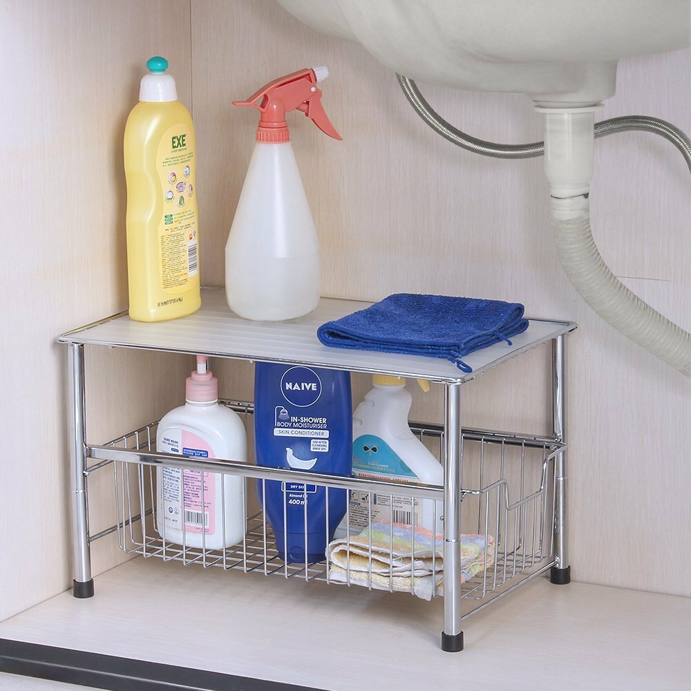 2-Tier Stackable Under Sink Organizer w/Sliding Storage Drawer Cabinet Kitchen